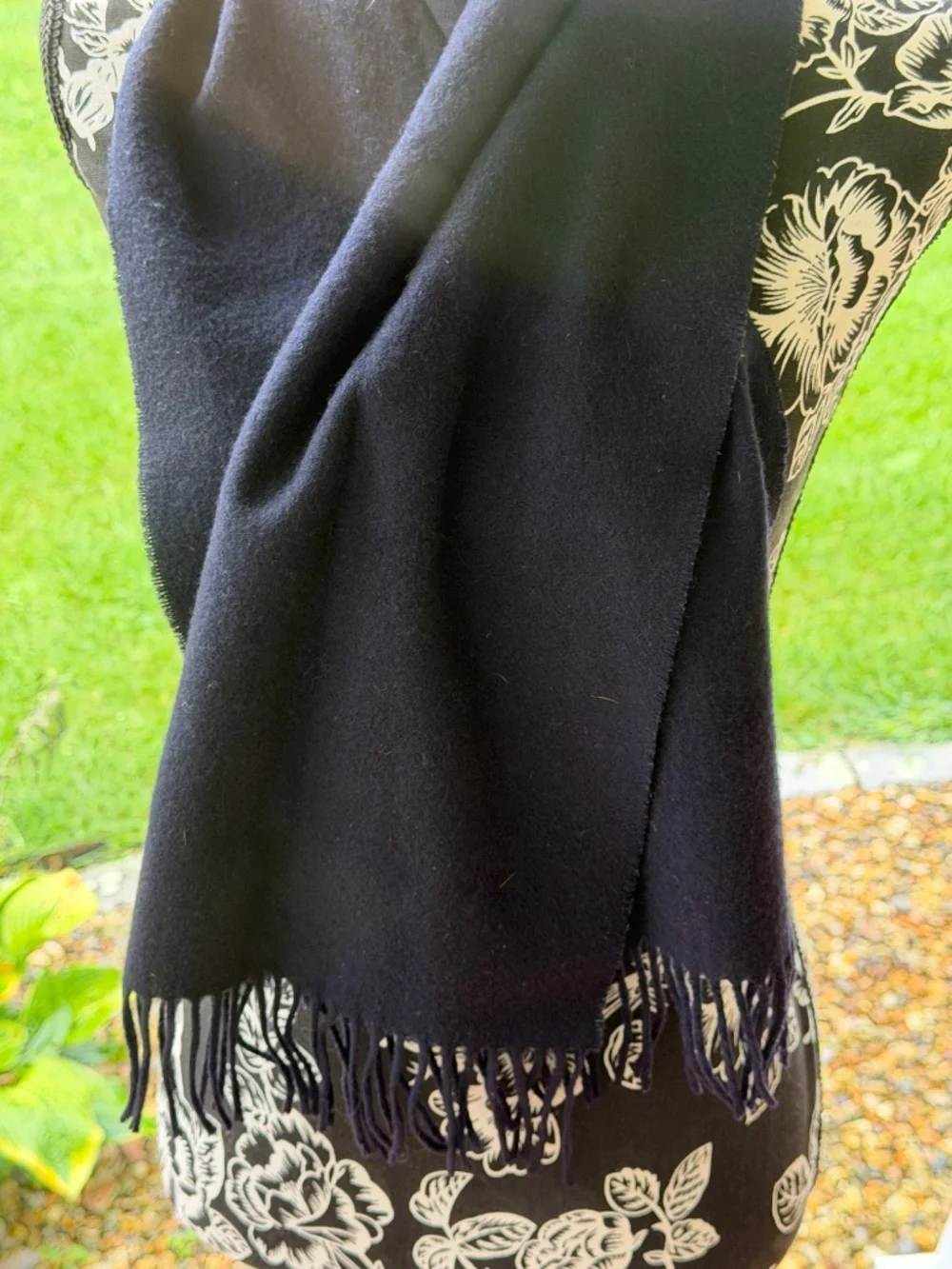 Vintage Pashmina 100% Cashmere Scarf Navy Blue Made in Germany Fringe Unisex